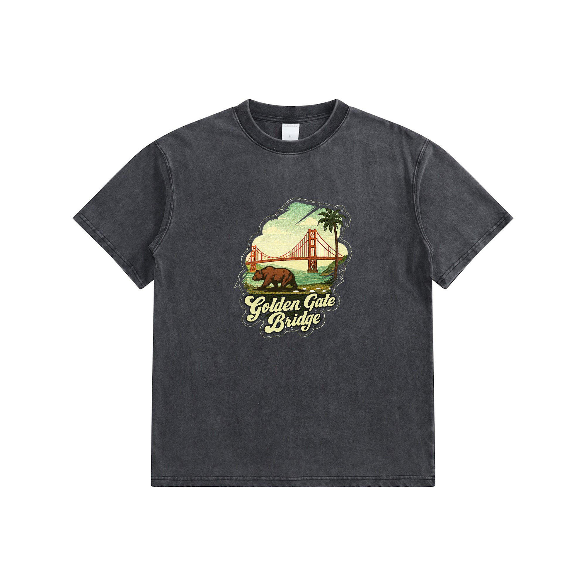 Black t-shirt with 'Golden Gate Bridge' graphic on a white background