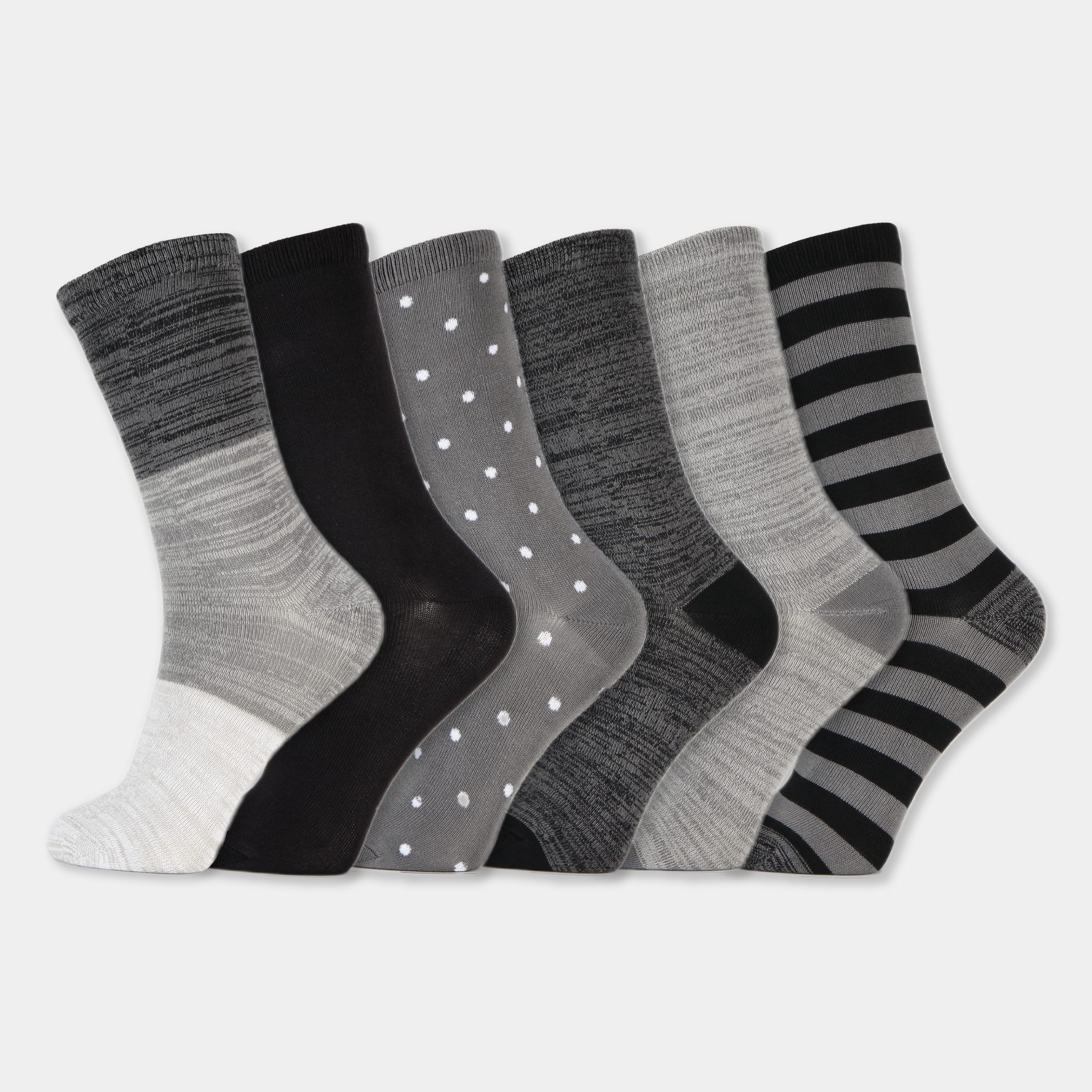 6 pairs Crew Socks Charcoal Gray Assorted Colors-CHGY