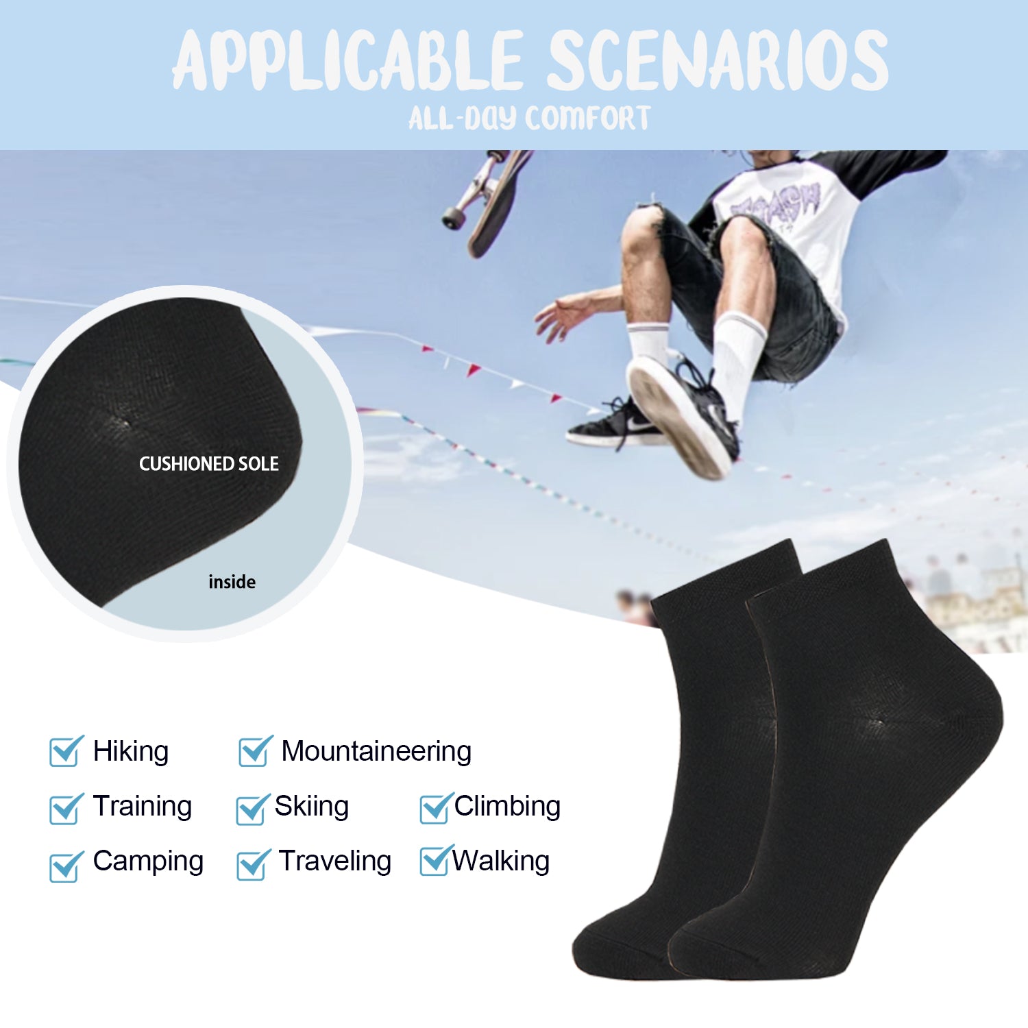 6 Pair Pack Black Ankle Socks-BLCK